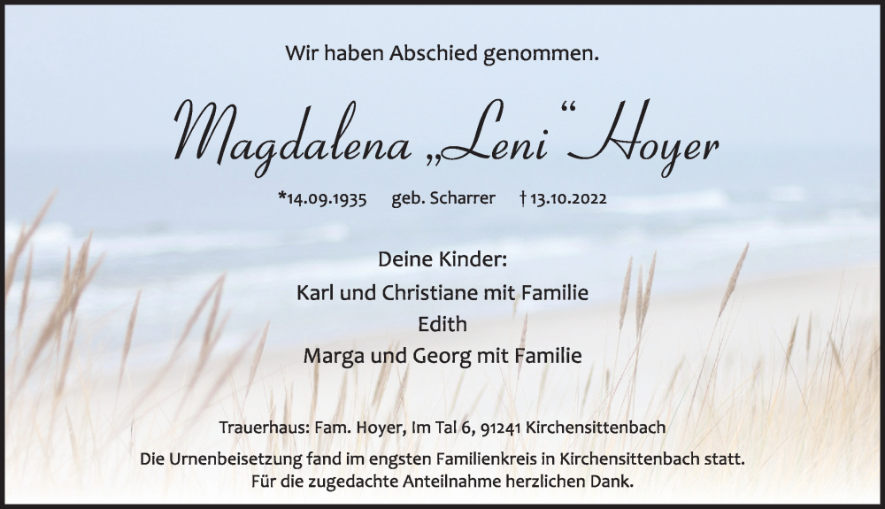  Traueranzeige für Magdalena Hoyer vom 19.11.2022 aus Hersbrucker Zeitung Lokal