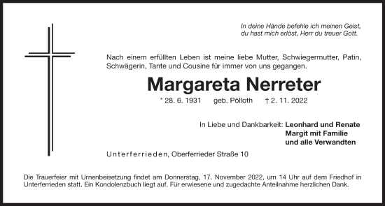 Traueranzeige von Margareta Nerreter von Der Bote