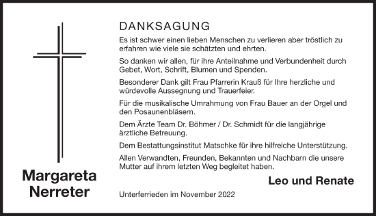 Traueranzeige von Margareta Nerreter von Der Bote