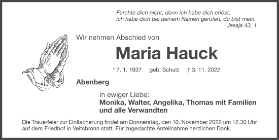 Traueranzeige von Maria Hauck von Der Bote