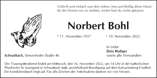 Traueranzeige von Norbert Bohl von Pegnitz-Zeitung
