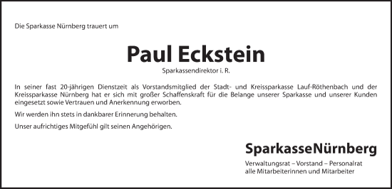 Traueranzeige von Paul Eckstein von Pegnitz-Zeitung