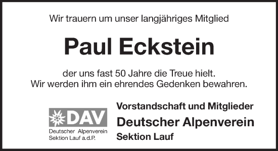 Traueranzeige von Paul Eckstein von Pegnitz-Zeitung