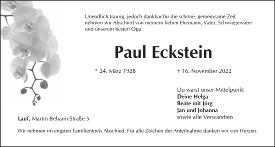 Traueranzeige von Paul Eckstein von Pegnitz-Zeitung