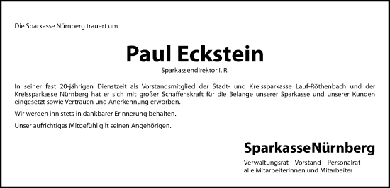 Traueranzeige von Paul Eckstein von Hersbrucker Zeitung Lokal