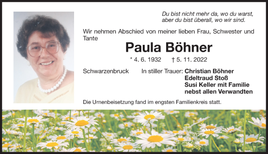 Traueranzeige von Paula Böhner von Der Bote