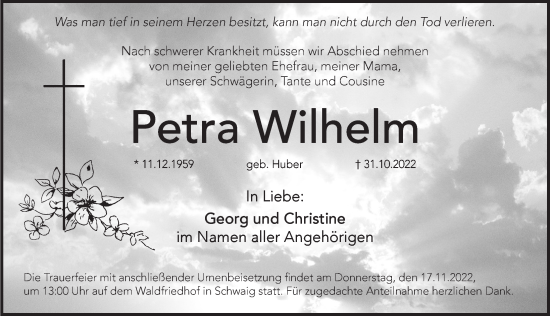 Traueranzeige von Petra Wilhelm von Pegnitz-Zeitung