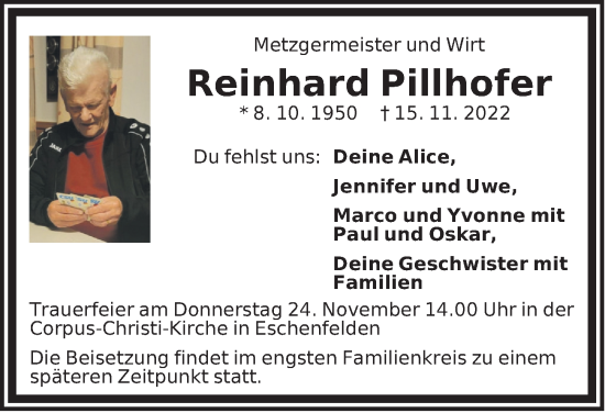 Traueranzeige von Reinhard Pillhofer von Hersbrucker Zeitung Lokal