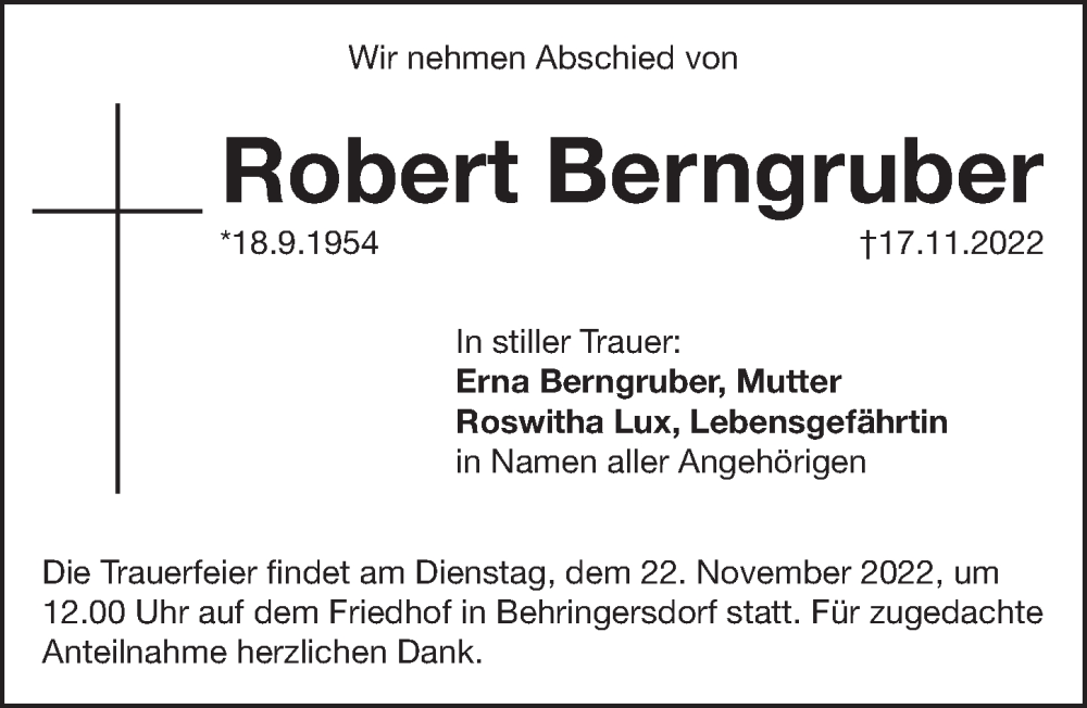  Traueranzeige für Robert Berngruber vom 22.11.2022 aus Pegnitz-Zeitung