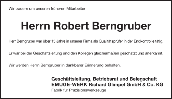 Traueranzeige von Robert Berngruber von Pegnitz-Zeitung