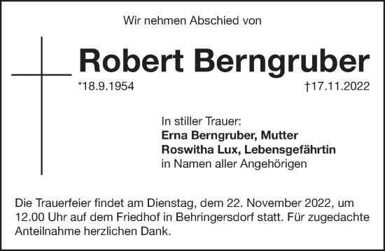 Traueranzeige von Robert Berngruber von Pegnitz-Zeitung