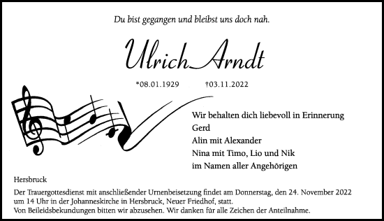 Traueranzeige von Ulrich Arndt von Hersbrucker Zeitung Lokal