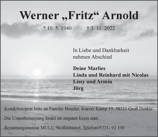 Traueranzeige von Werner Arnold von Der Bote