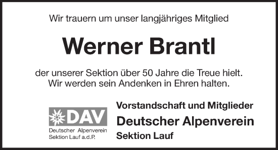 Traueranzeige von Werner Brantl von Pegnitz-Zeitung