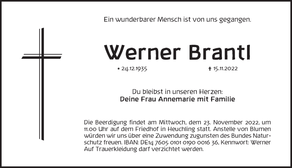  Traueranzeige für Werner Brantl vom 19.11.2022 aus Pegnitz-Zeitung
