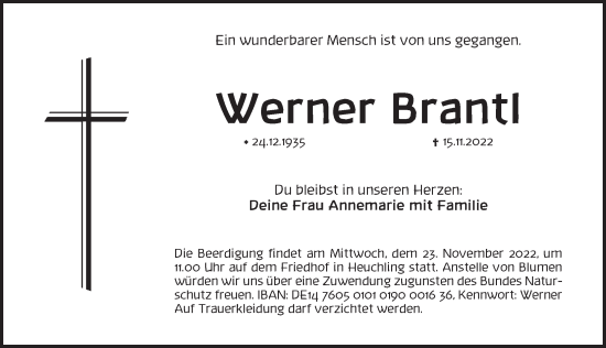 Traueranzeige von Werner Brantl von Pegnitz-Zeitung
