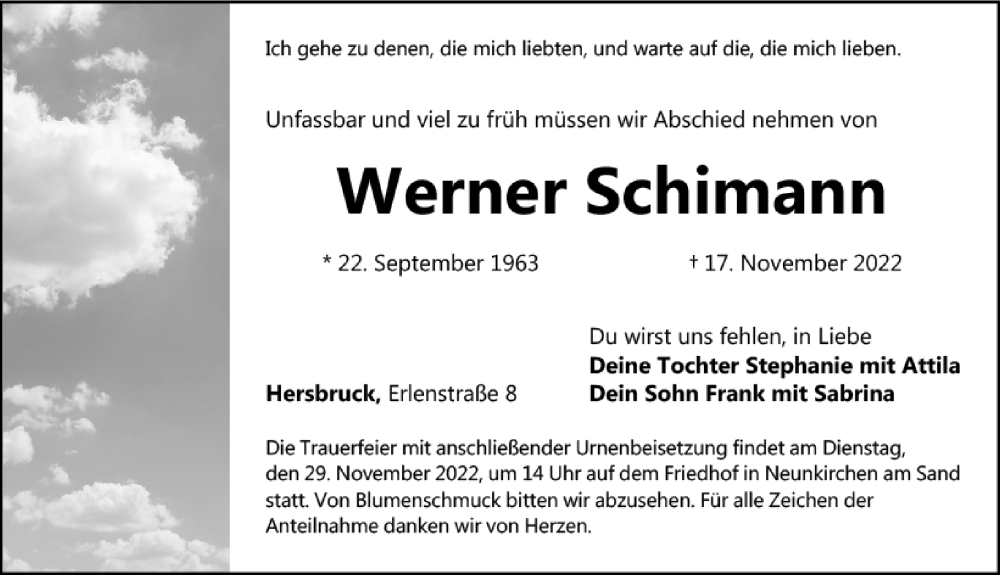  Traueranzeige für Werner Schimann vom 26.11.2022 aus Hersbrucker Zeitung Lokal