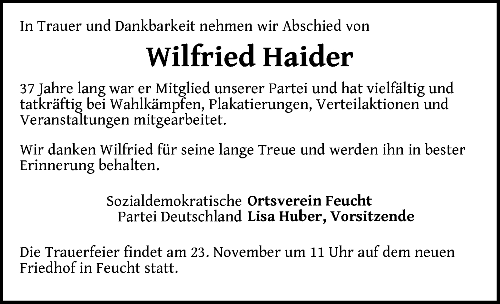  Traueranzeige für Wilfried Haider vom 22.11.2022 aus Der Bote