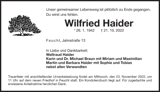 Traueranzeige von Wilfried Haider von N-Land