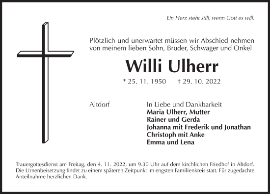 Traueranzeige von Willi Ulherr von Der Bote