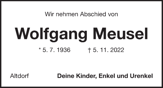 Traueranzeige von Wolfgang Meusel von Der Bote