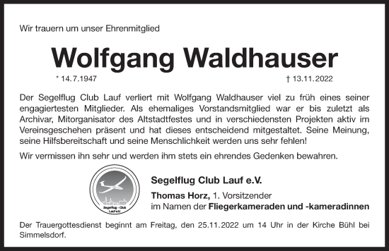 Traueranzeige von Wolfgang Waldhauser von Pegnitz-Zeitung