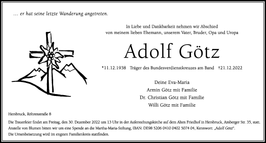 Traueranzeige von Adolf Götz von Hersbrucker Zeitung Lokal