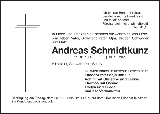 Traueranzeige von Andreas Schmidtkunz von Der Bote