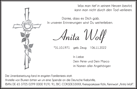 Traueranzeige von Anita Wolf von Pegnitz-Zeitung