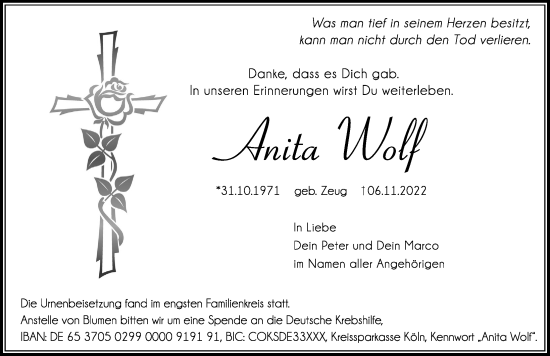 Traueranzeige von Anita Wolf von Hersbrucker Zeitung Lokal