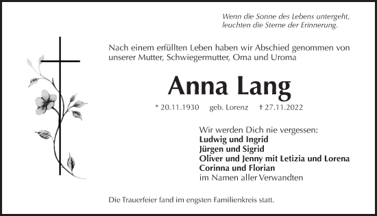 Traueranzeige von Anna Lang von Pegnitz-Zeitung