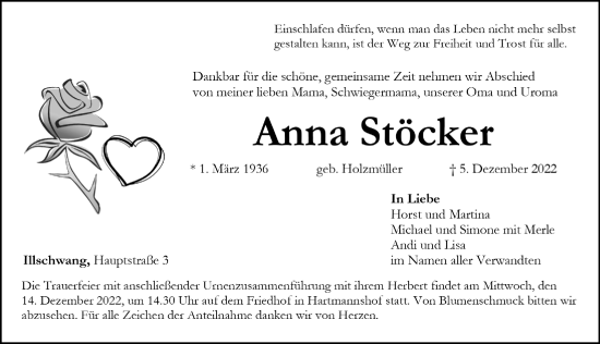 Traueranzeige von Anna Stöcker von Hersbrucker Zeitung Lokal