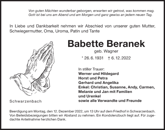 Traueranzeige von Babette Beranek von Der Bote