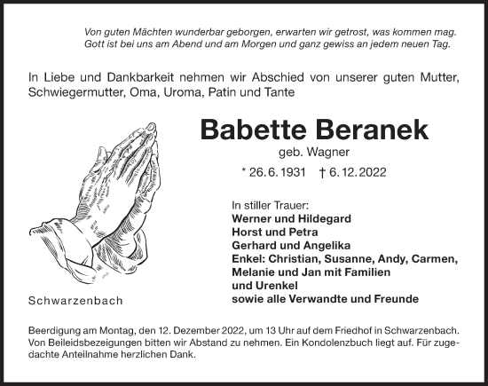 Traueranzeige von Babette Beranek von Der Bote