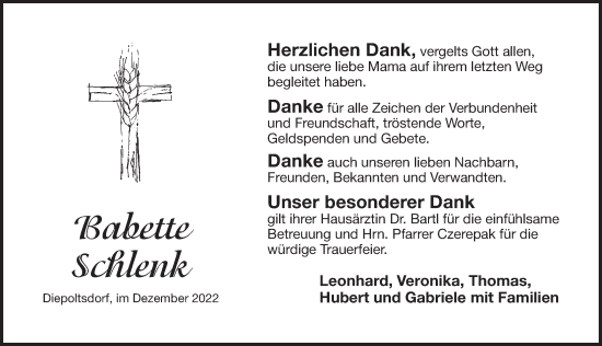 Traueranzeige von Babette Schlenk von Pegnitz-Zeitung