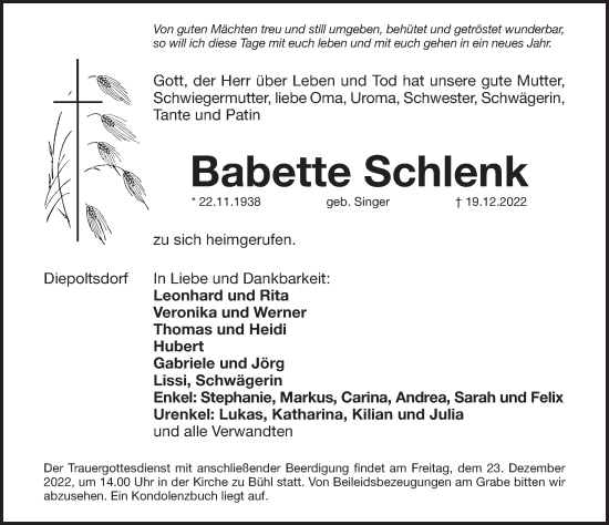 Traueranzeige von Babette Schlenk von Pegnitz-Zeitung