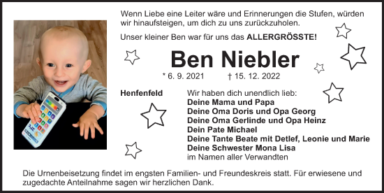 Traueranzeige von Ben Niebler von Hersbrucker Zeitung Lokal