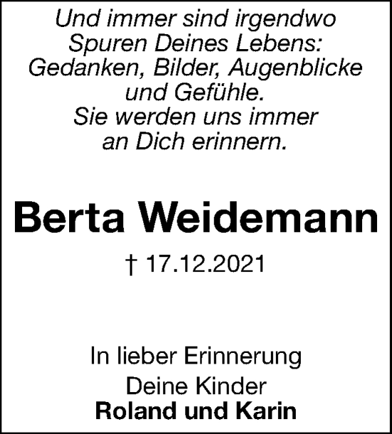 Traueranzeige von Berta Weidemann von Hersbrucker Zeitung Lokal