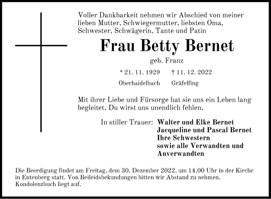 Traueranzeige von Betty Bernet von Der Bote