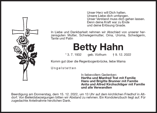 Traueranzeige von Betty Hahn von Der Bote