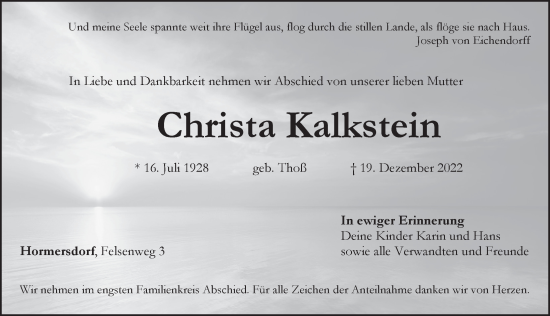 Traueranzeige von Christa Kalkstein von Pegnitz-Zeitung