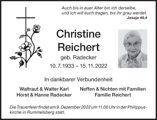 Traueranzeige von Christine Reichert von Der Bote