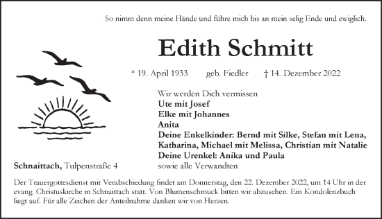Traueranzeige von Edith Schmitt von Pegnitz-Zeitung