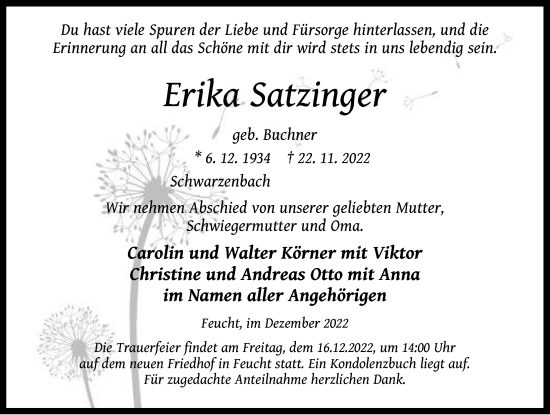 Traueranzeige von Erika Satzinger von Der Bote
