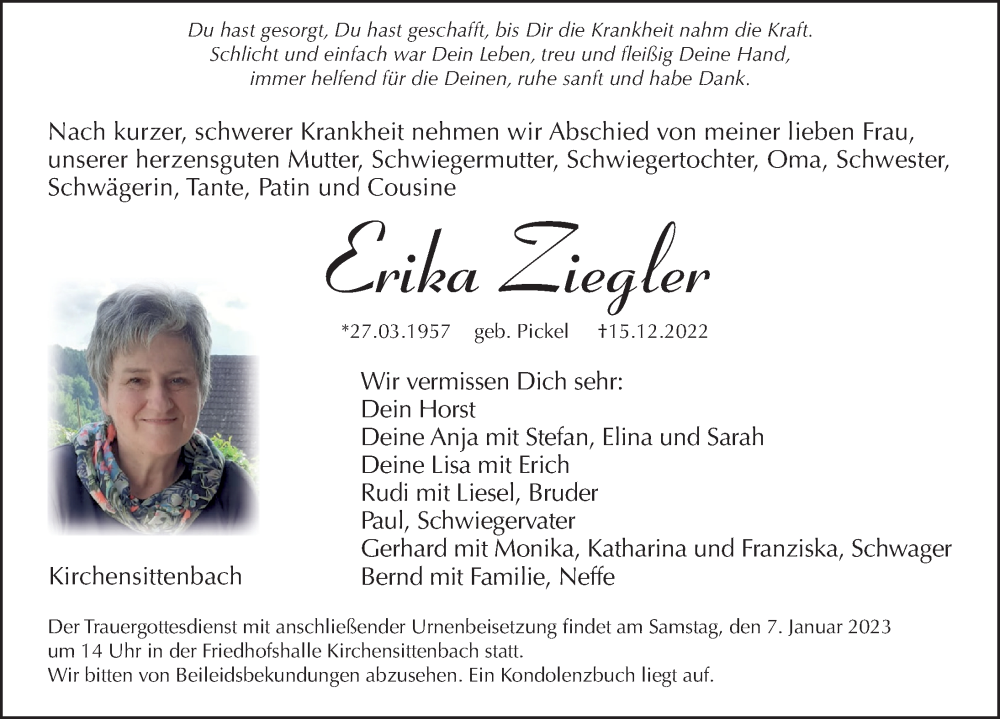  Traueranzeige für Erika Ziegler vom 31.12.2022 aus Hersbrucker Zeitung Lokal
