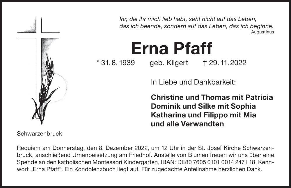  Traueranzeige für Erna Pfaff vom 03.12.2022 aus Der Bote