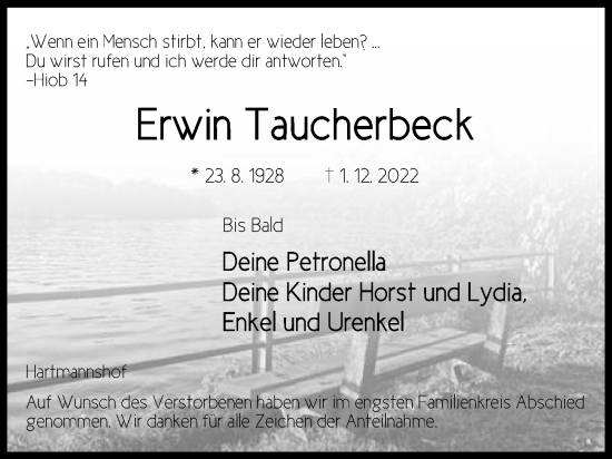 Traueranzeige von Erwin Taucherbeck von Hersbrucker Zeitung Lokal