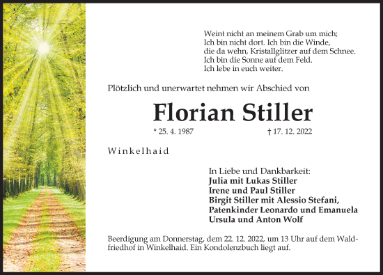 Traueranzeige von Florian Stiller von Der Bote