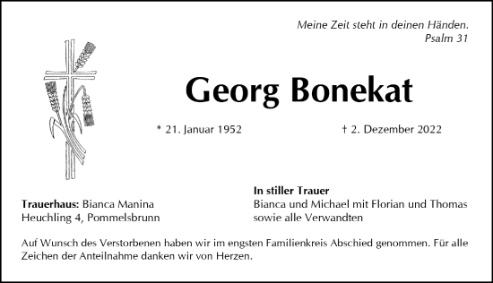 Traueranzeige von Georg Bonekat von Hersbrucker Zeitung Lokal