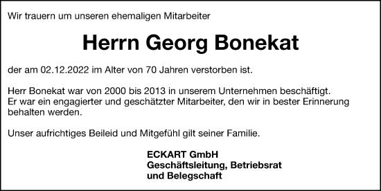 Traueranzeige von Georg Bonekat von Hersbrucker Zeitung Lokal